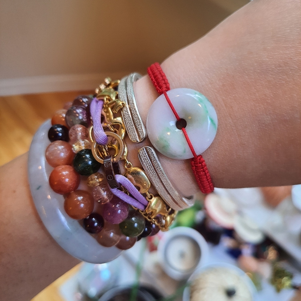 Natural Burmese Jadeite Donut Charm Red String Bracelet - Picture 6 of 8
